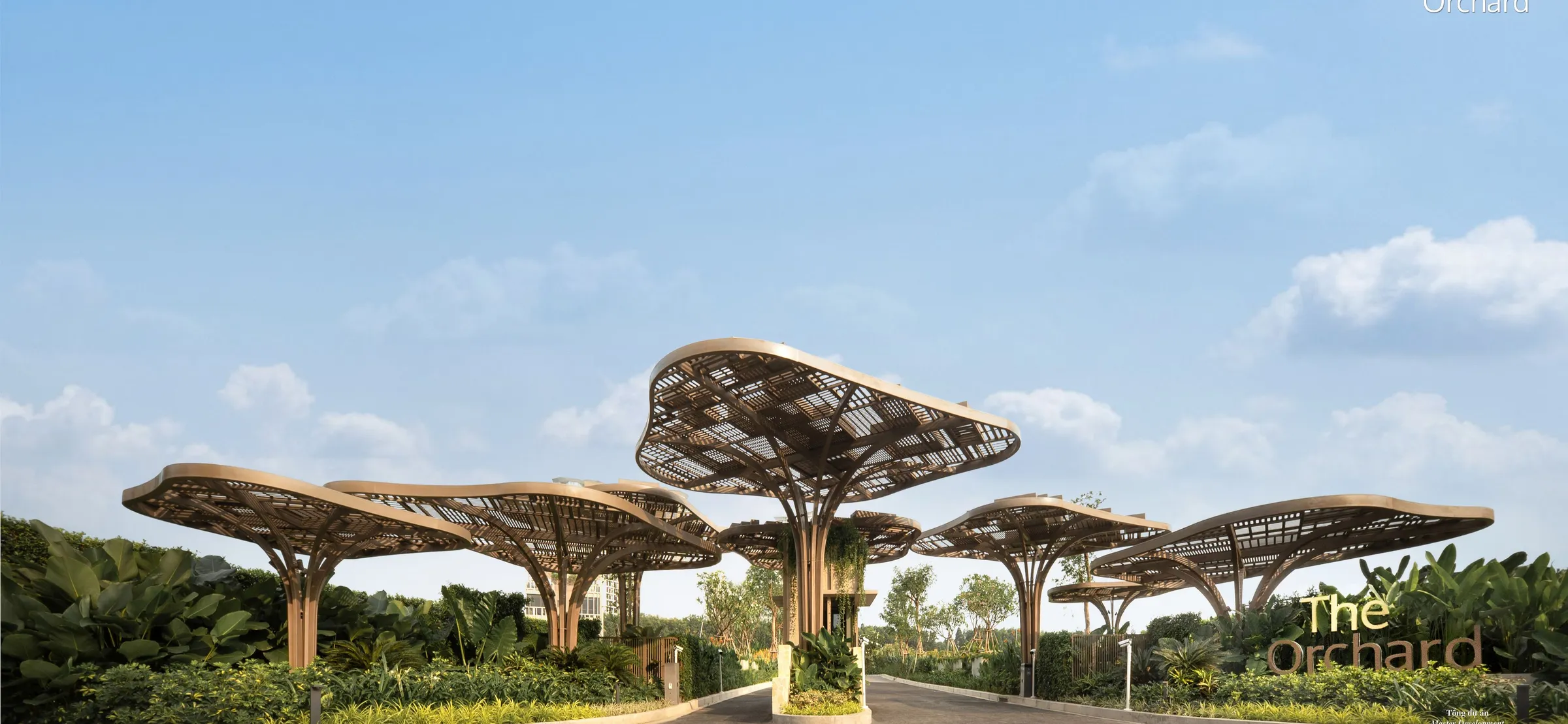 Cổng chào The Orchard với những tán vòm đan xen như tán cây, ảnh chụp thực tế ban ngày
